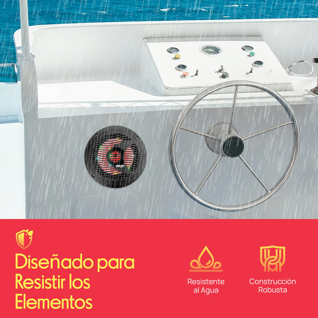 Pyle Altavoces duales, 6.5”, Resistentes al Agua y a la Intemperie, Estereo, Luces LED, 150W, Cono de Polypropylene