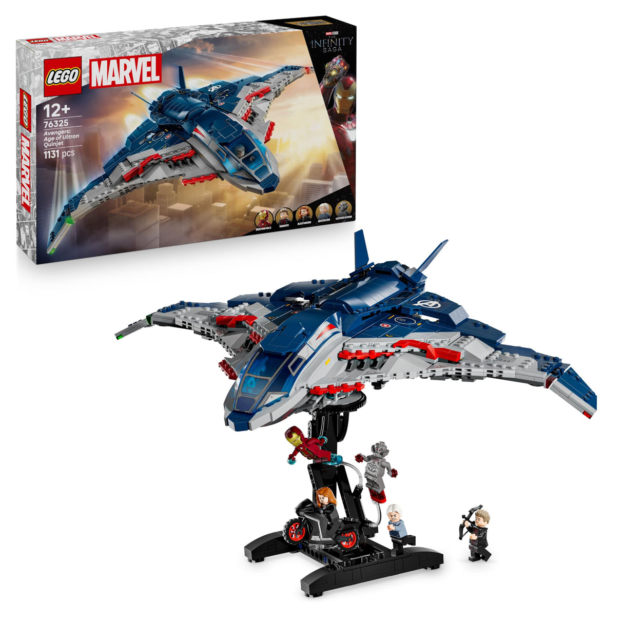 LEGO Marvel Quinjet de Vengadores: La Era de Ultrón - Avión de Juguete de Superhéroes con Moto y 5 Minifiguras inc. Iron Man, Viuda Negra y Ojo de Halcón - Regalo para Niños y Chicos de 12+ Años 76325