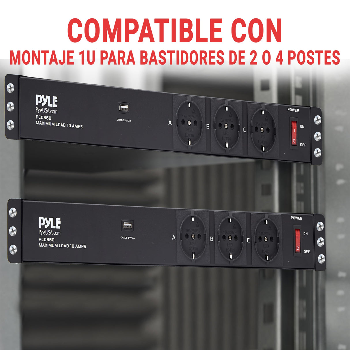 Pyle 19” Outlet 1U, PDU de montaje en rack, Fuente de distribucion de energia, Protector contra sobretensiones, Disyuntor de 15 amperios, Puerto de carga para multiples dispositivos USB, Cable de 15ft