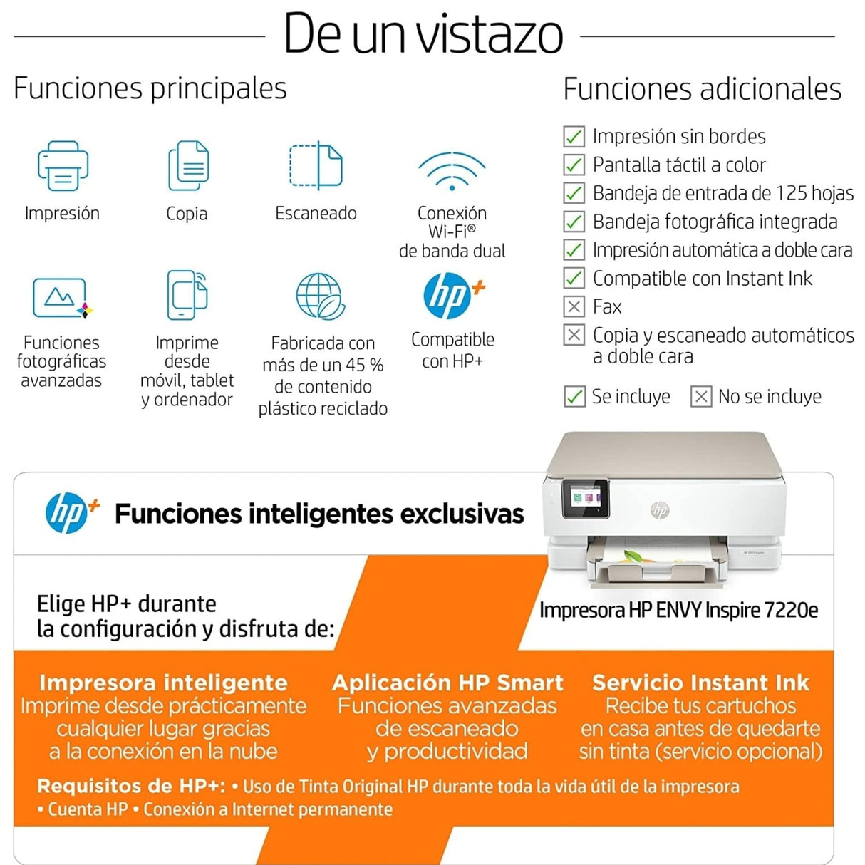 HP Envy Inspire 7220e 242P6B, Impresora multifunción de inyección de tinta A4 a color, Wi-Fi, impresión a doble cara automática, Hasta 22 ppm, 3 meses de impresión Instant Ink con HP+, Blanca