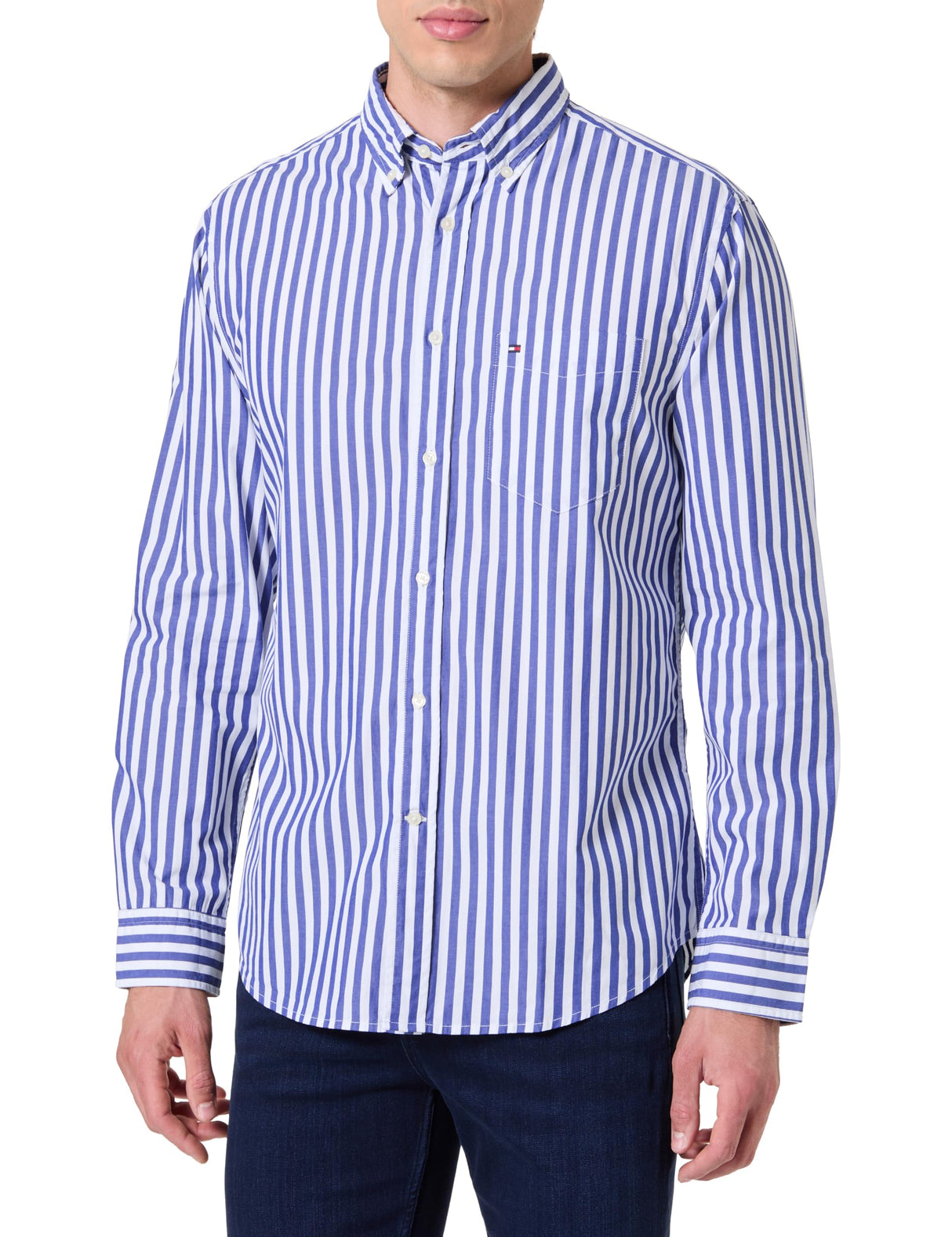 Tommy Hilfiger Camisa Hombre Flex Poplin Bold Stripe con Bolsillo en el Pecho, Multicolor (Wedge Blue/Stripe), M