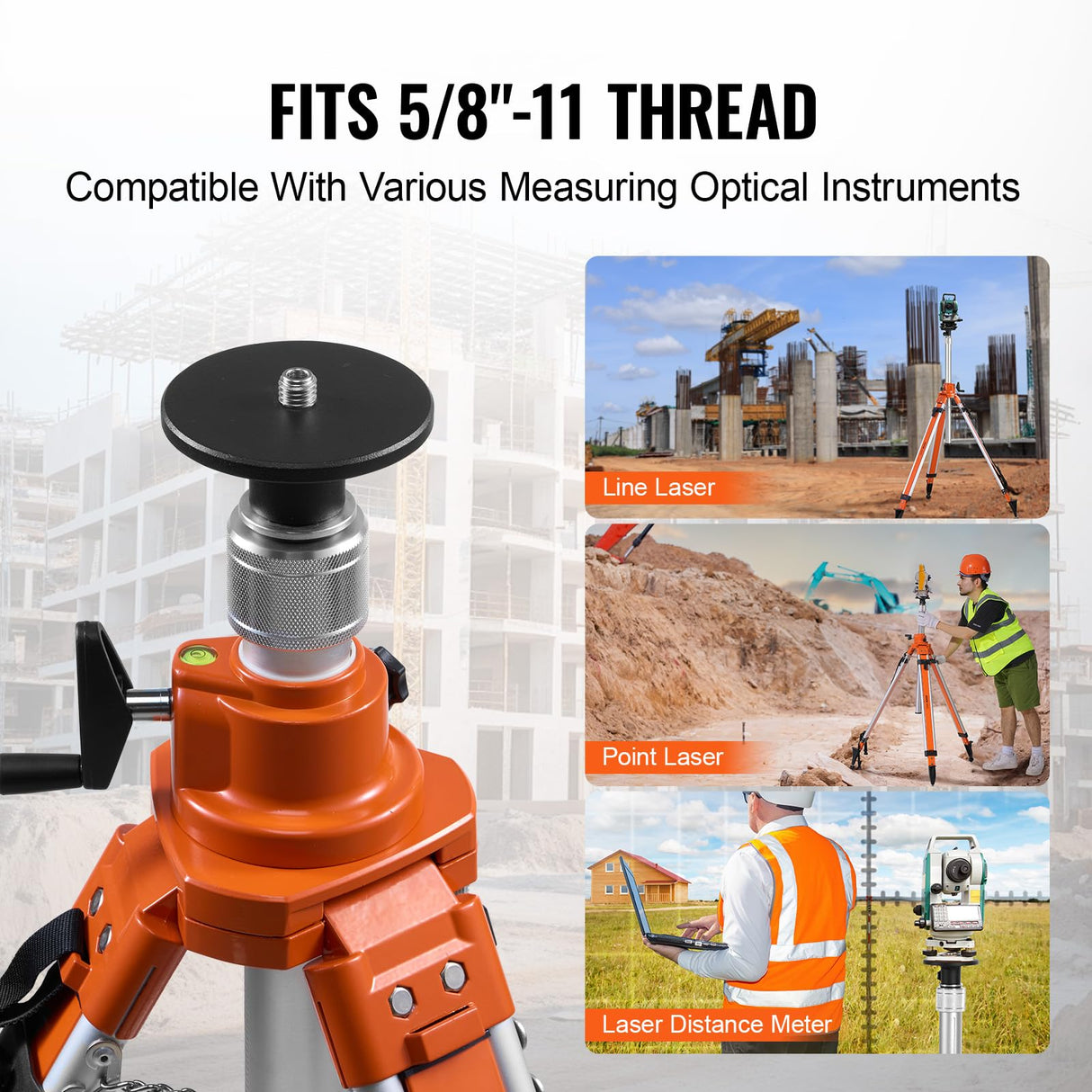 VEVOR Trípode para Nivel Láser Resistente, Ajuste de Altura de 1145-2905 mm, con Burbuja de Nivel y Limitador de Difusión, Pies Antideslizantes Elevables para Construcción, 200 x 145 x 1270 mm
