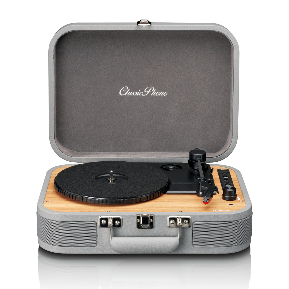 Classic Phono - TT-116 Tocadiscos Bluetooth con 3 velocidades, 33, 45 y 78 RPM, Tocadiscos de Vinilo Vintage, Salida RCA, Altavoz estéreo, Gris