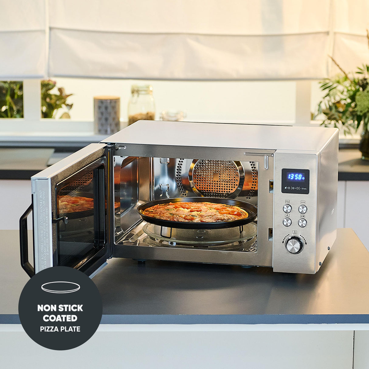 SEVERIN Microondas con grill y convección, función de freidora de aire, 4 en 1 para descongelar, cocinar y calentar, 25 L, acero inoxidable cepillado/plateado, MW 7982