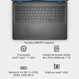 DELL 16 Ordenador Portátil DC16250, Intel Core 7 150U, 16" 2K, 16 GB RAM