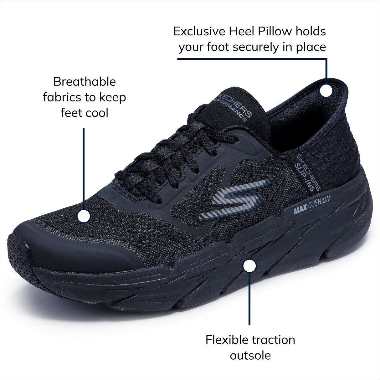 Skechers MAX Cushioning Zapatillas Deportivas sin Cordones para Hombre, para Correr, Caminar, con Espuma viscoelástica, Negro -, 44 EU