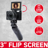 AGFA Photo - Kit de Vlogging Todo en Uno: Cámara VLG-4K Optical, Trípode Powerbank, Mando a Distancia, Micrófono y Tarjeta MicroSD de 32GB incluidos - ¡Captura Tus Momentos en 4K con Estilo! - Negro