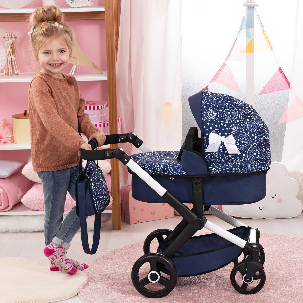 Bayer Design 17073AB Cochecito de muñeca Combi Xeo, Carro para muñecos, Bolsa, Convertible, Regulable en Altura