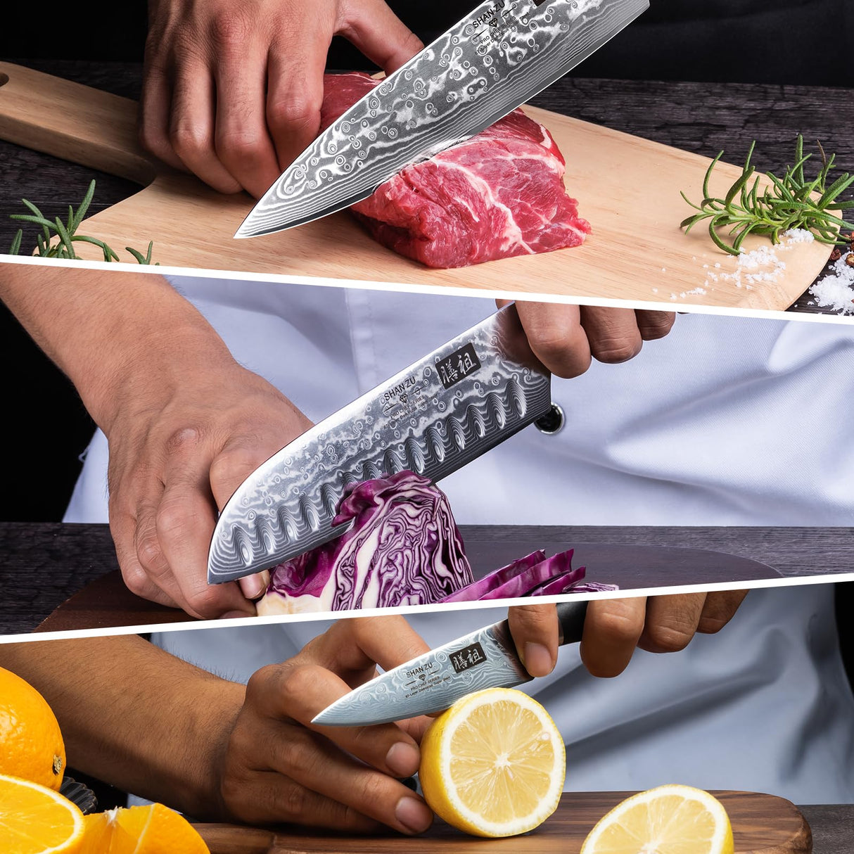 SHAN ZU 3 Piezas Juego de Cuchillo de Cocina Damasco, Set Cuchillo de Cocina Japones de Acero Damasco de 67 Capas, Cuchillo de Chef Cuchillo Santoku Cuchillo Pelador - PRO Series