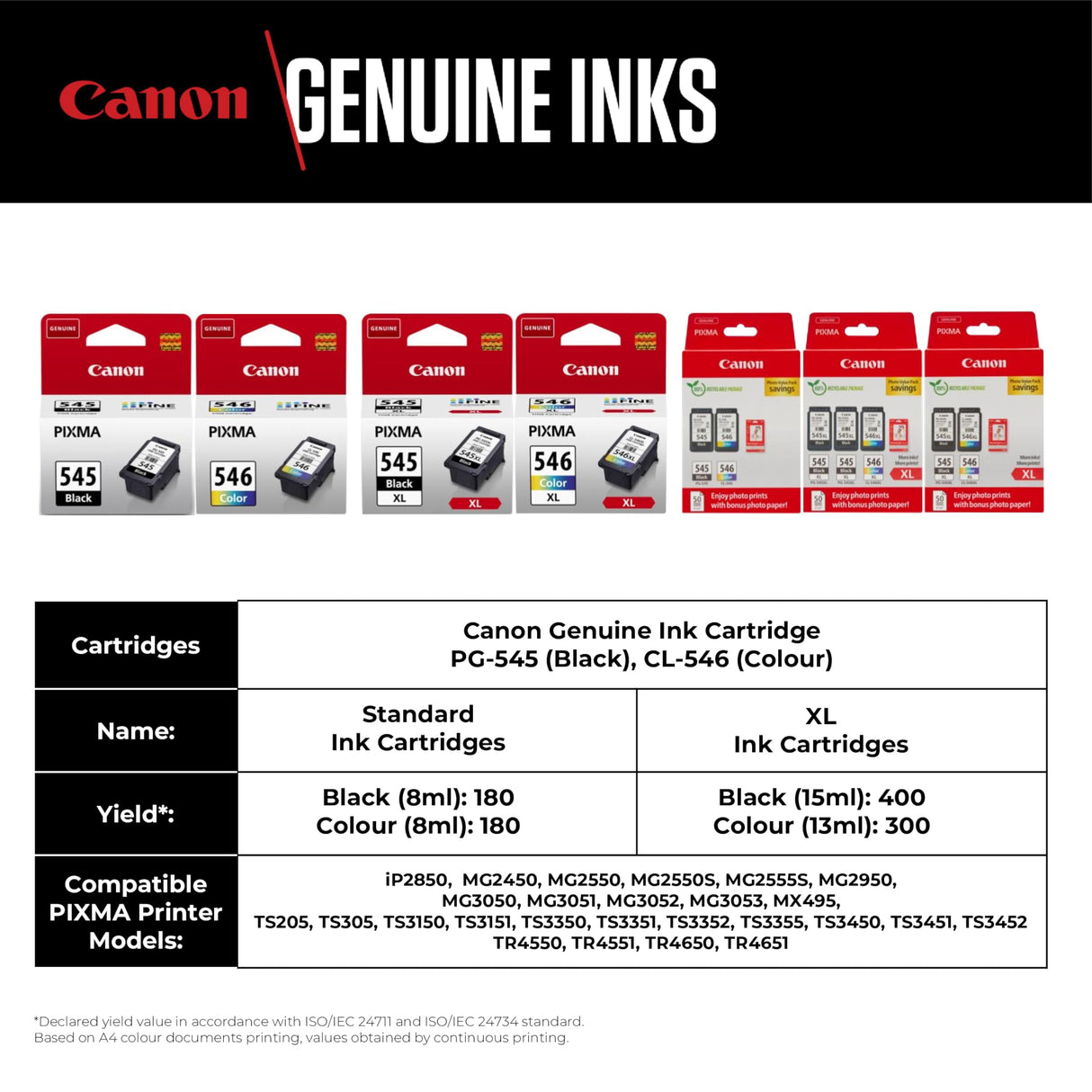 Canon PG-545XL + CL-546XL, Cartuchos de Tinta Original, Cartucho de Tinta Independiente en Color Negro y Cartucho Multicolor, Incluye 50 Hojas Papel Fotográfico 4 x 6, Compatible con Impresoras PIXMA