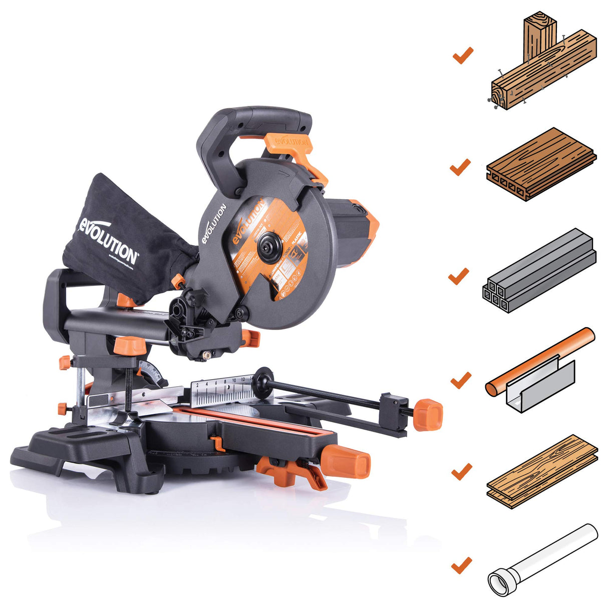 Evolution Power Tools R210SMS+ Ingletadora deslizante multimaterial de 210 mm, con paquete Plus, Corta acero dulce, aluminio, plástico, madera con clavos incrustados, 230 V
