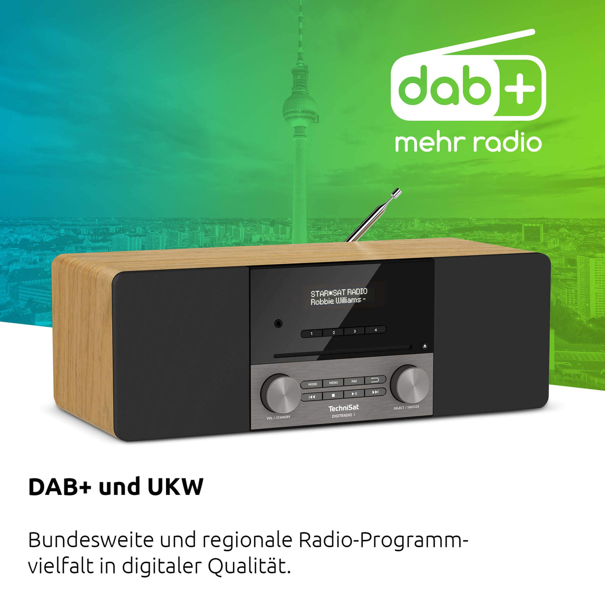 TechniSat DIGITRADIO 3 - Sistema Compacto de Radio Estéreo Dab (Dab+, FM, Reproductor de CD, Bluetooth, USB, Conexión para Auriculares, Entrada AUX, Radio Reloj Despertador, Pantalla OLED) Roble
