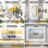 RICOO Soporte TV Pared Giratorio Inclinable Televisión 30-65" (76-165cm) R08 Brazo articulado Televisor LED/LCD/Curvo VESA 200x200-400x400