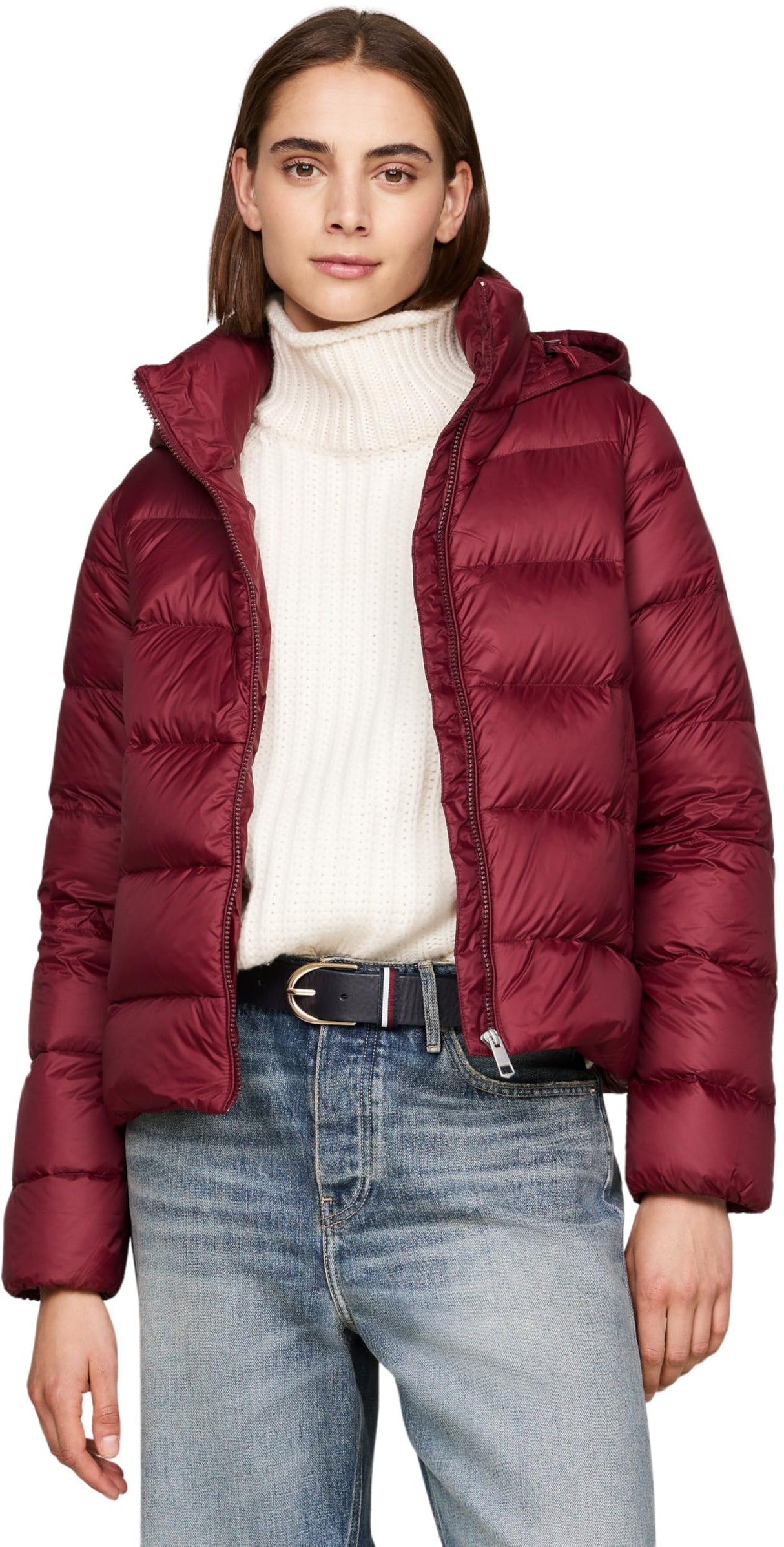 Tommy Hilfiger Cazadora Acolchada Mujer Down Casual Jacket con Capucha, Rojo (Deep Rouge), XL