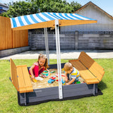 VEVOR Caja de Arena de Madera con Dosel, 145,5 x 120 x 120 cm, Arenero con Bancos Plegables y Revestimiento Inferior Caja de Arena para Niños de 3 a 12 Años para Exteriores, Patio, Playa, Parque