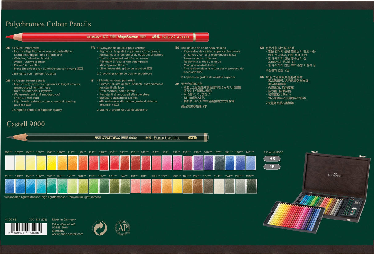 Faber-Castell 110006 – Lápiz de colores policromo, 48 piezas, maletín de madera con accesorios, resistente al agua, irrompible, para profesionales y artistas aficionados