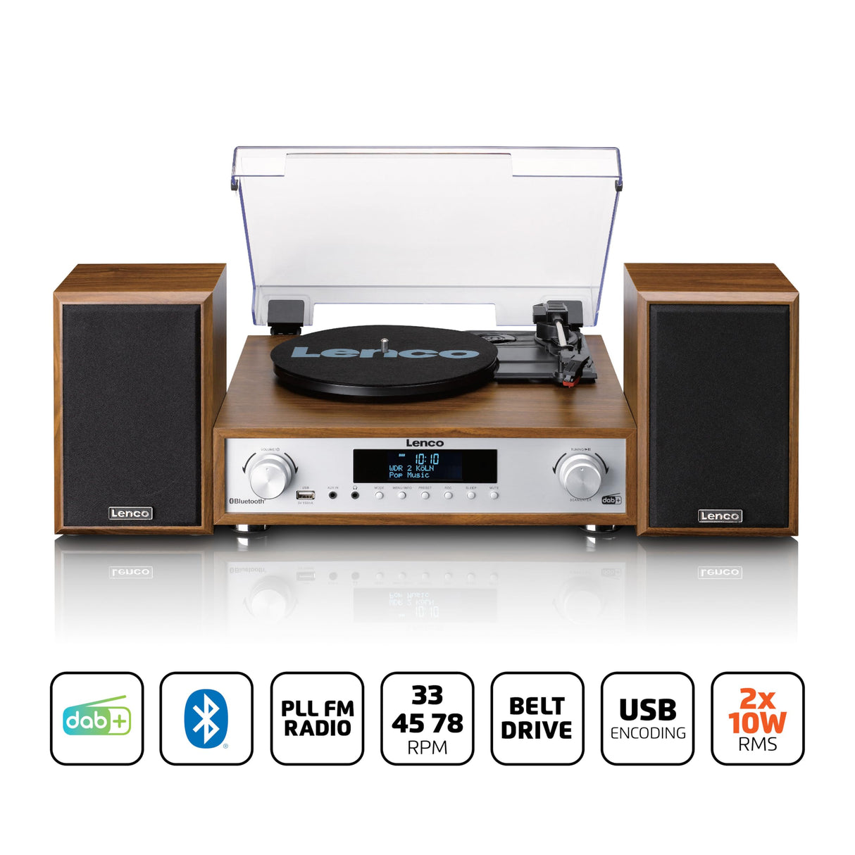 Lenco MC-160WD Equipo de música con Tocadiscos – Radio Dab+/FM, Bluetooth 5.0, conversión de Vinilo a MP3 por USB, tracción por Correa, 3 velocidades, Altavoces de Madera 2x10W, Mando a Distancia