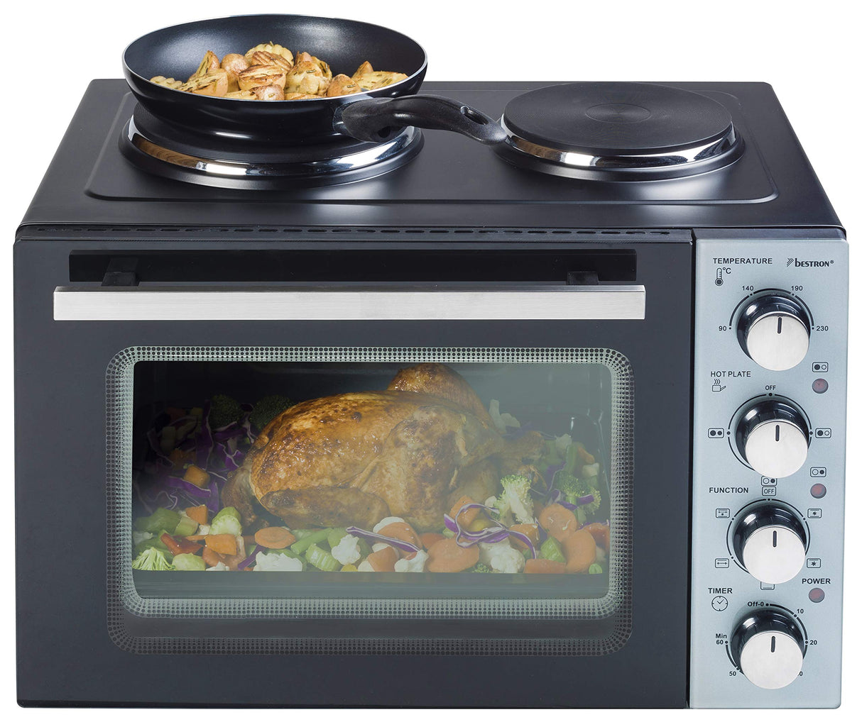 Bestron Pequeña Cocina, Mini Horno con Doble Placa de Cocción, Calor Superior/Inferior con Función de Aire Circulante hasta 230°C, 3200 Vatios, Negro