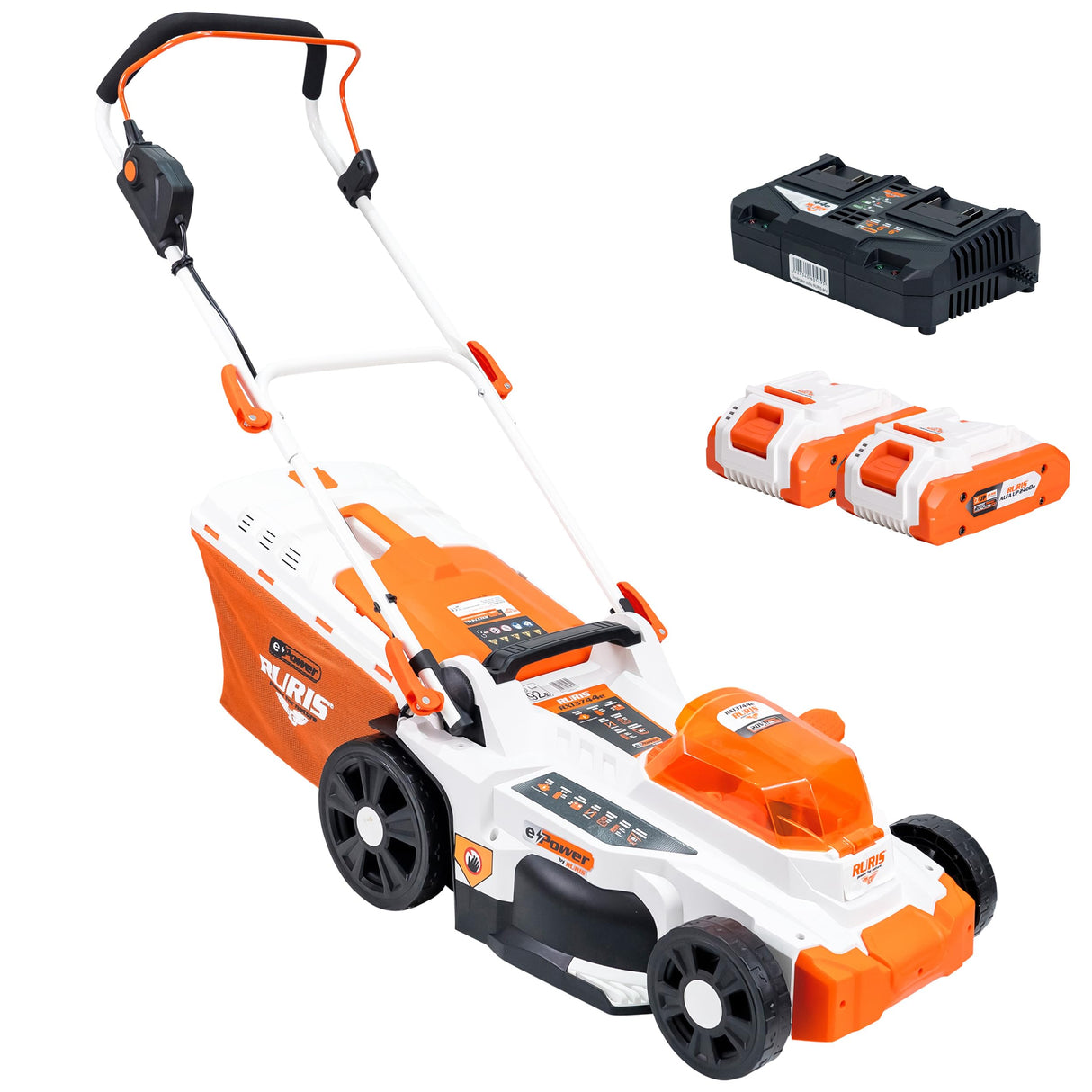 RURIS - Cortacésped inalámbrico RXI3744e - Ancho de Corte 37 cm, Altura 25-75 mm, función 3 en 1 (recolección, expulsión Trasera, Mulching), 2 baterías de Litio de 20 V y 4 Ah y Cargador Doble
