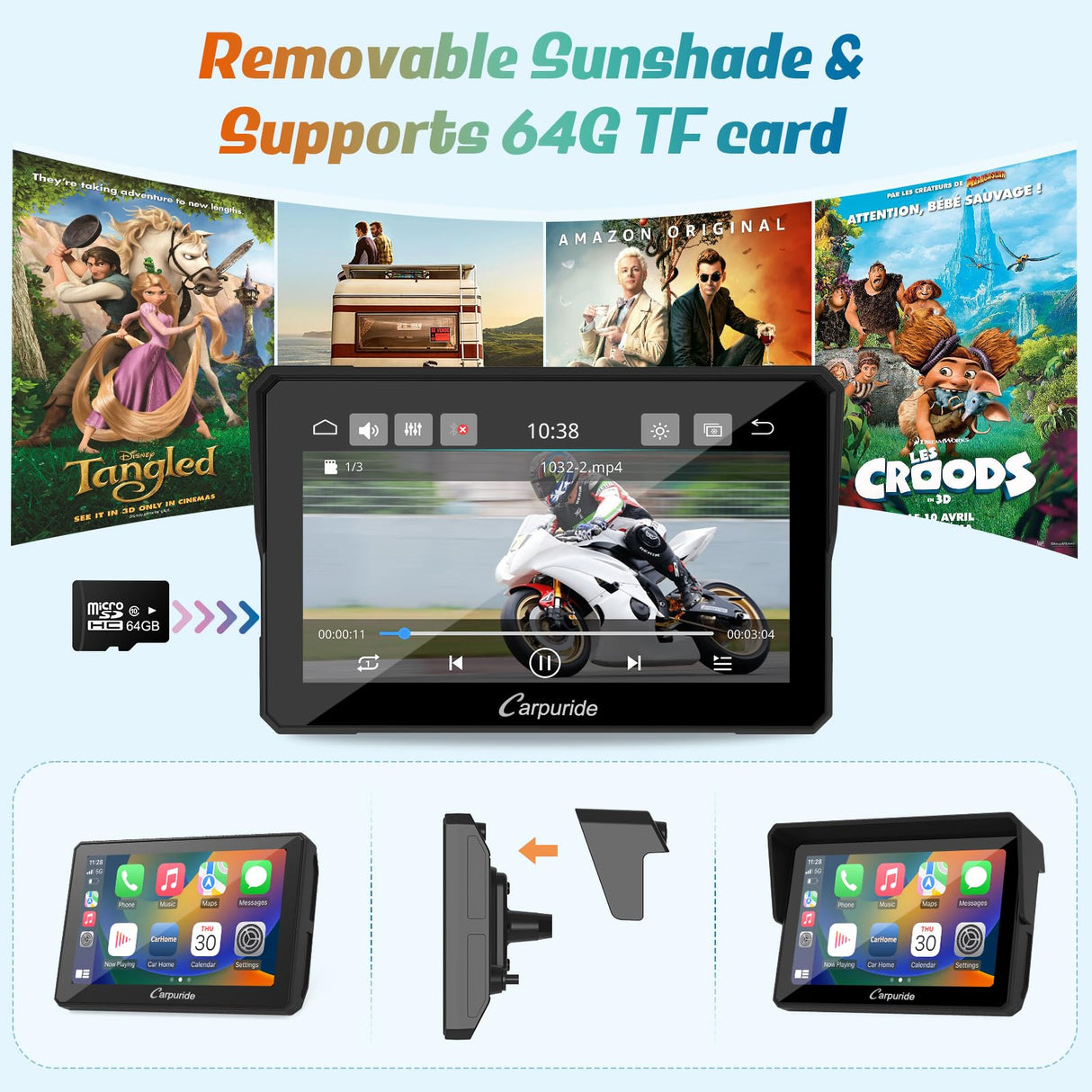 Carpuride W502B - Pantalla GPS 5 Pulgadas para Moto BMW R1200GS/R1250GS/S1000XR, CarPlay y Android Auto Inalámbrico, Pantalla Táctil Impermeable, Bluetooth Dual, Navegación Portátil para Moto