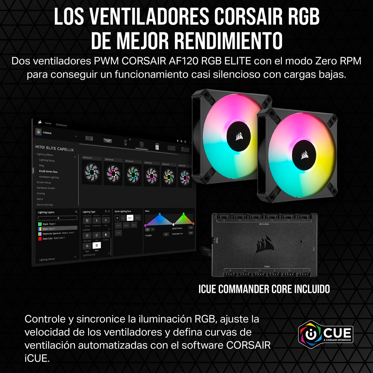 Corsair iCUE H100i RGB ELITE Refrigeración líquida de CPU (16 LED RGB dinámicos, Ventiladores AF ELITE Series FDB de 120 mm, Radiador de 240 mm, Zócalos LGA 1700, 1200, 115X, 2066 y AM4) Negro