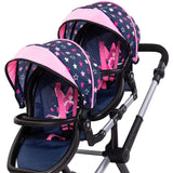 Bayer Design 26716AA Twin Xeo Cochecito de muñeca gemelas, Carrito Doble para muñecos, Altura Regulable, Ruedas Delanteras móviles, Bolsa