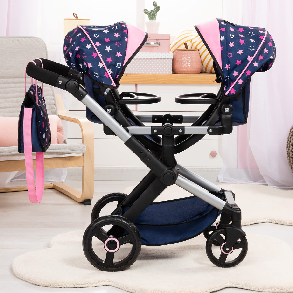 Bayer Design 26716AA Twin Xeo Cochecito de muñeca gemelas, Carrito Doble para muñecos, Altura Regulable, Ruedas Delanteras móviles, Bolsa