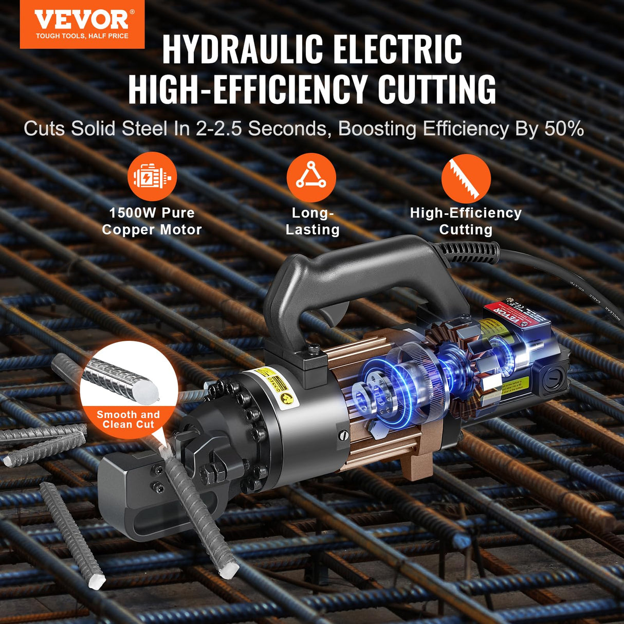 VEVOR Cortadora de Varillas de Refuerzo Hidráulica Eléctrica Portátil de 1500 W, hasta 4-22 mm en 2,5 Segundos, Acero de Alta Potencia con Accesorios Ricos en Aceite, Negro, 435 x 110 x 210 mm