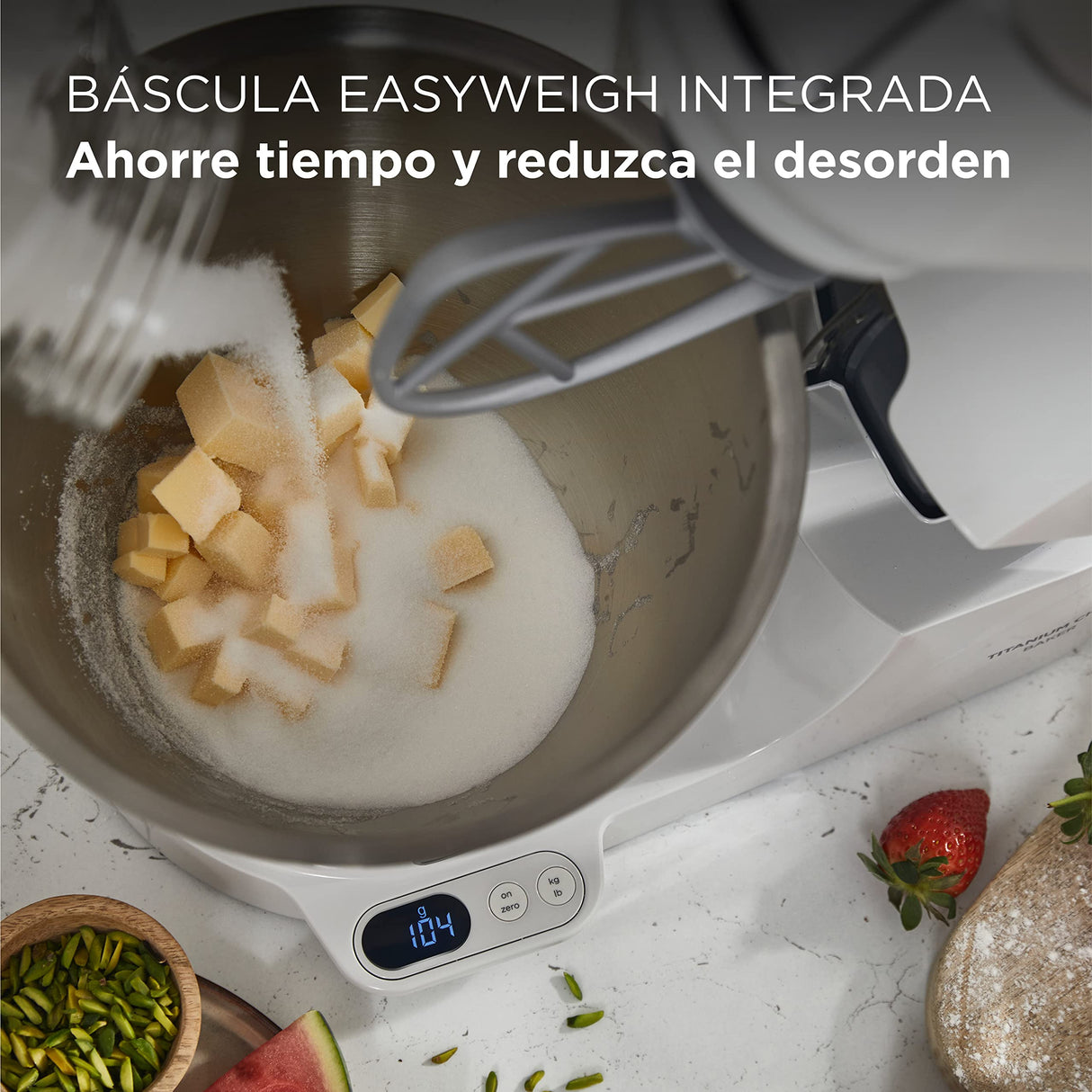 Kenwood Titanium Chef Baker KVC65.001WH - Robot de cocina con báscula integrada (1200 W, incluye 3 utensilios de pastelería, espátula y protector contra salpicaduras), color blanco