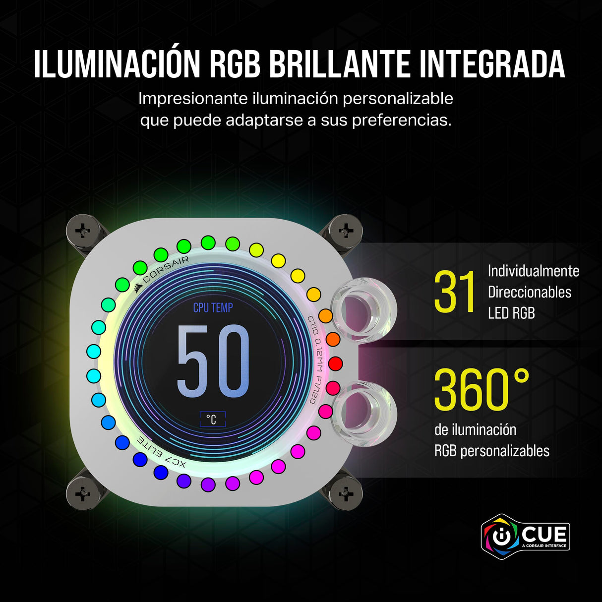CORSAIR XC7 RGB Elite LCD Bloque de refrigeración líquida para CPU - Pantalla LCD IPS 480x480-31 LED RGB - USB-C - Compatible con Intel LGA 1700, AMD AM5 y anteriores - Blanco