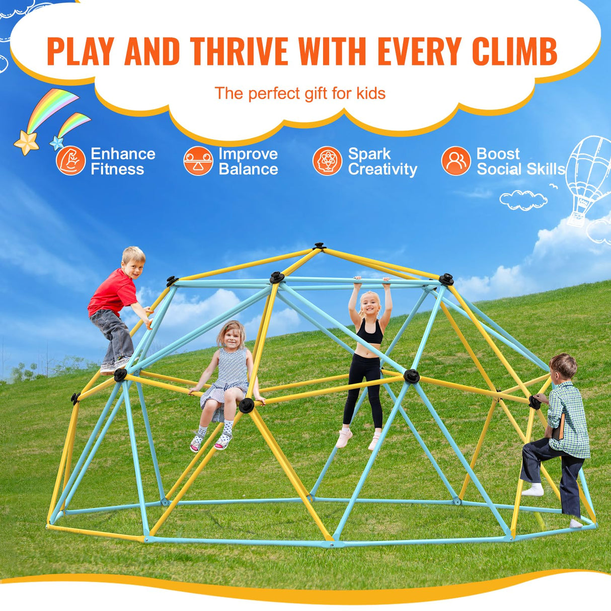VEVOR Climbing Dome, Jungle Gym Supports 750 lbs. and Easy Assembly, 12-Foot Geometric Play Centre for Kids 3-10 Years Old, with Climbing Grip, Outdoor Playground Equipment