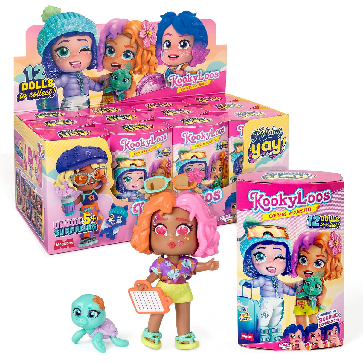 KOOKYLOOS Serie Holiday Yay! – Colección Completa Muñeca Sorpresa Coleccionable con Accesorios de Moda, Ropa, Zapatos y Juguetes con 3 Expresiones Divertidas. Incluye la colección Completa