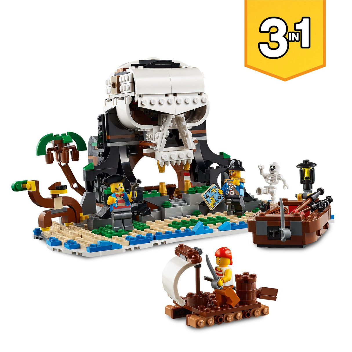 LEGO Creator 3-en-1 Barco Pirata, Isla Calavera o Taberna, Juego Creativo de Construcción con Tiburón de Juguete y Mini Figuras, Regalo para Niños y Niñas de 9 Años o Más 31109