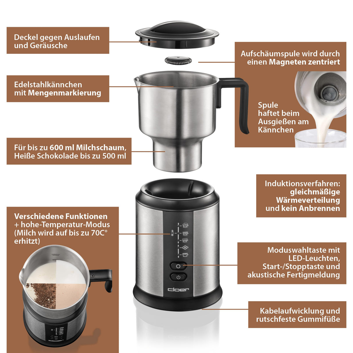 Cloer 7789 Espumador de leche eléctrico, para hasta 450 ml, espuma de leche fría o templada, chocolate caliente, diferentes modos seleccionables, 500 vatios, bobina espumante magnetica