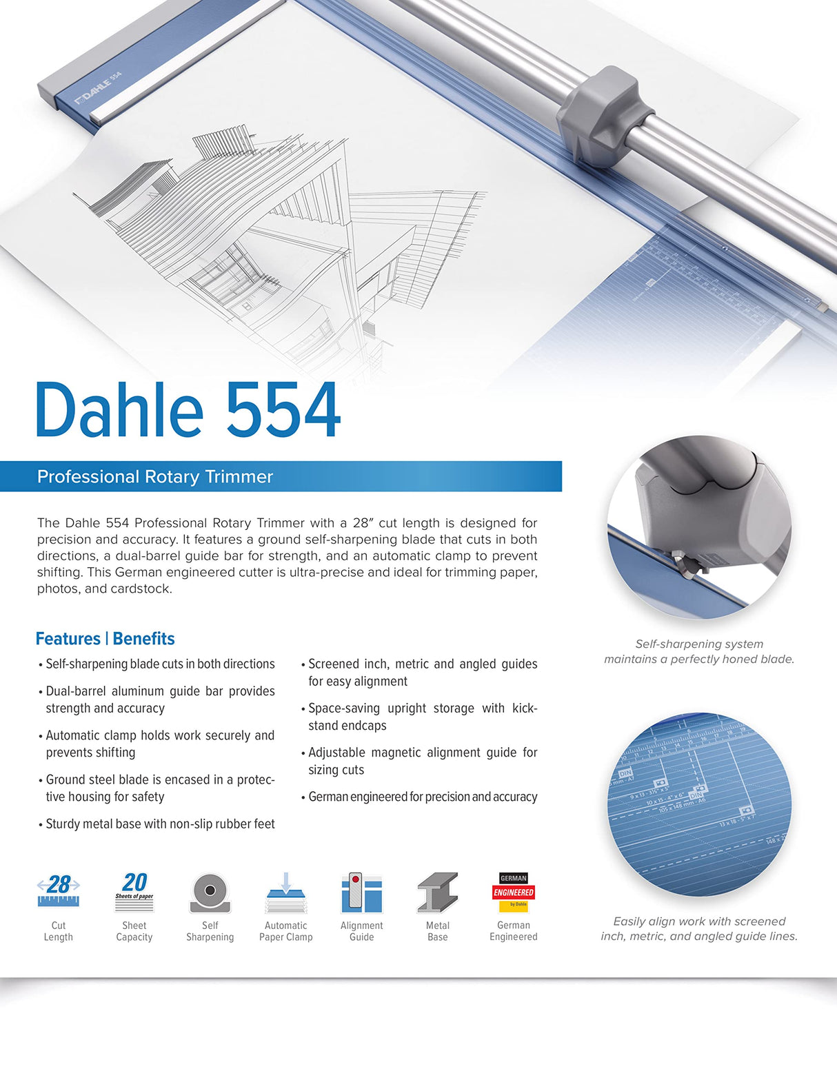 Dahle 554 - Cizalla rotativa profesional, longitud de corte de 71 cm, capacidad de 20 hojas, autoafilado, barra de guía doble, abrazadera automática, cortador de papel de ingeniería alemana