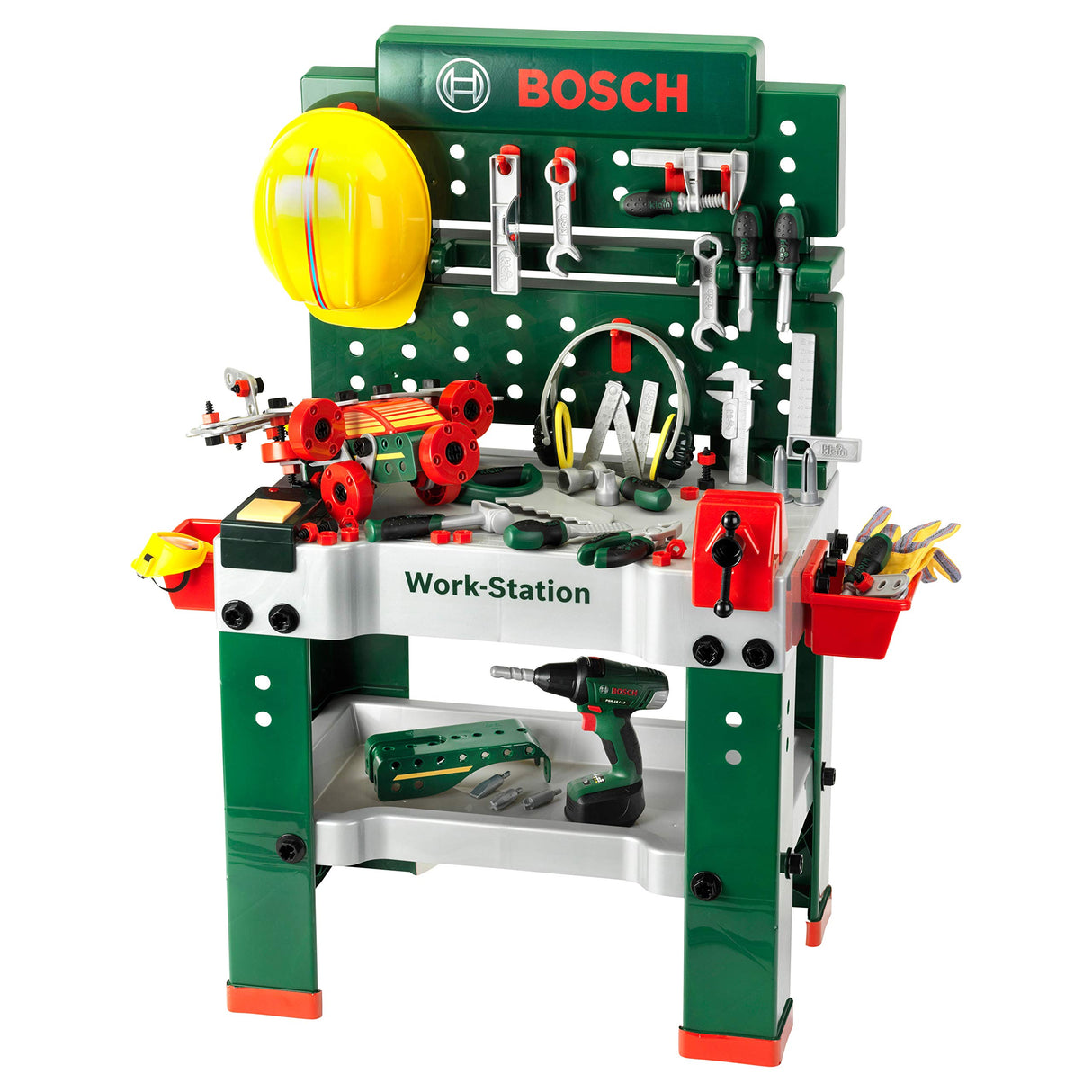 Theo Klein 8485 Banco de trabajo N.º 1 de Bosch I 150 piezas I Incluye destornillador eléctrico, set de construcción, máquina amoladora y mucho más I Medidas: 62 cm x 42 cm x 100 cm