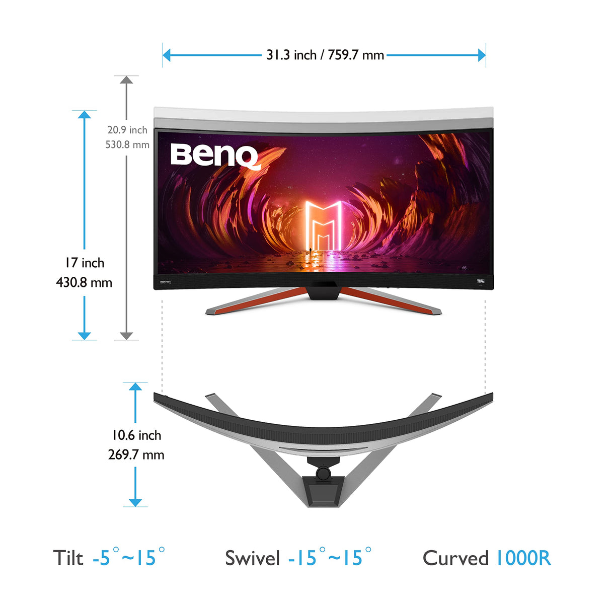 BenQ MOBIUZ EX3410R Monitor Gaming Curvo 34” UWQHD 21:9 1000R, 144Hz, 1ms MPRT, HDR400, HDRi, 90% P3, Light Tuner, Ultrawide, FreeSync Premium, Eye-Care, Altavoces 2.1