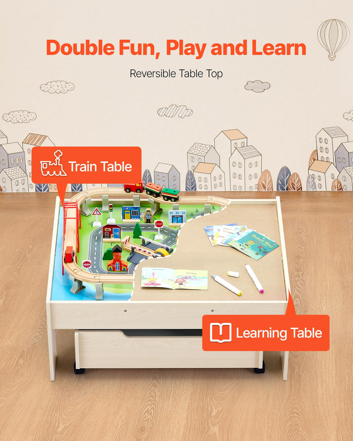 VEVOR Mesa de Actividad de Tren 100 Piezas de Madera 79x64x33 cm Mesa de Juegos de Tren Circuito de Ferroviarias Juguetes Creativos con Cajón Rodante de Almacenamiento para Facilitar Organización