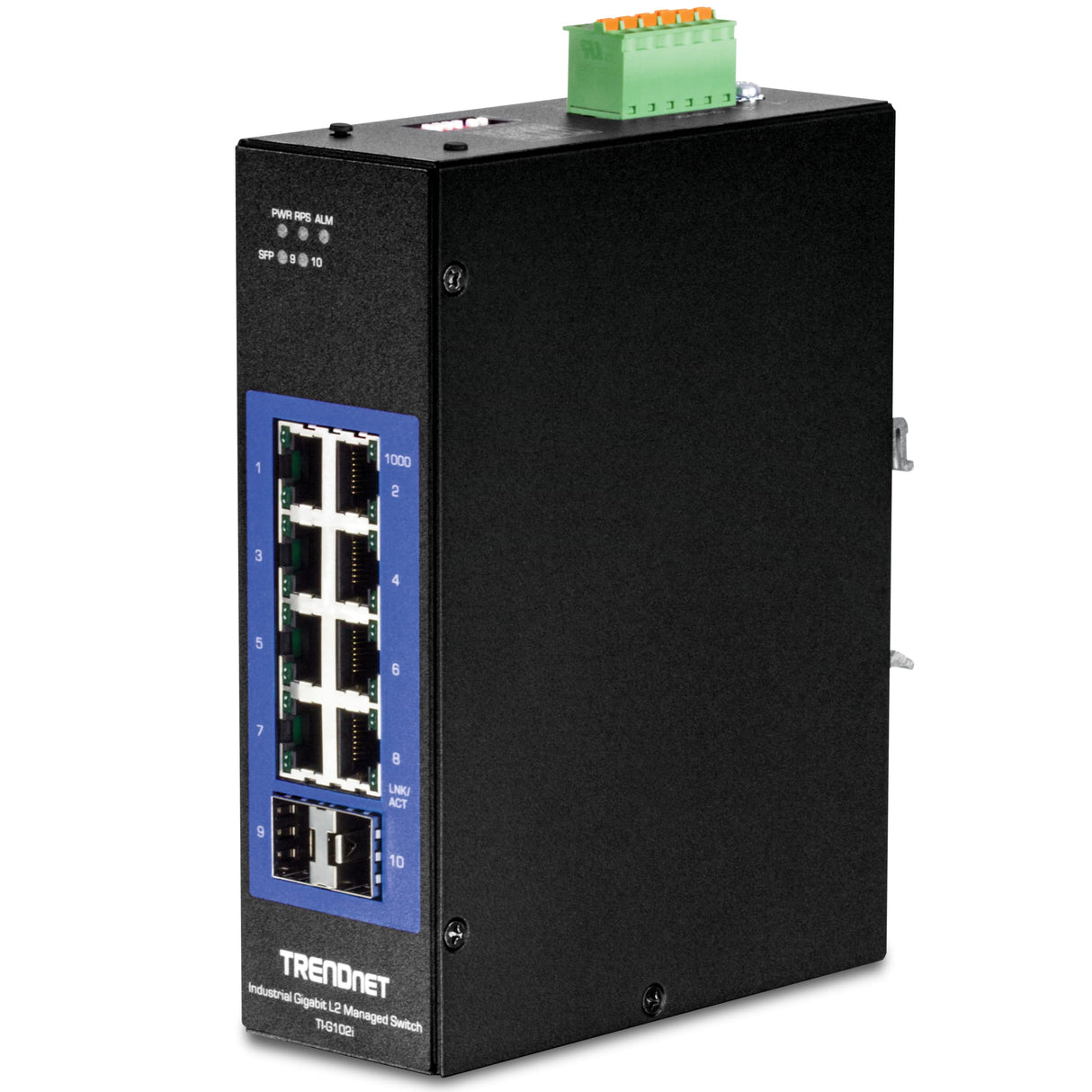 TRENDnet, TI-G102i, Conmutador DIN-Rail Industrial Gigabit L2 Administrable de 10 Puertos, 8 Gigabits, 2 SFP, Montaje en Riel DIN, IP30, Divisor Ethernet, Negro