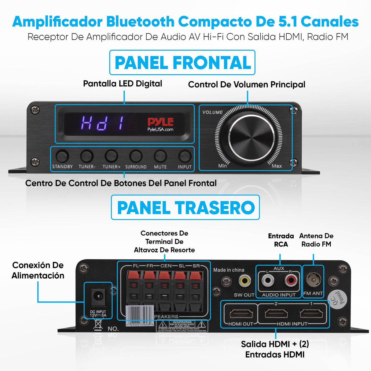 Pyle Amplificador de Audio, para el hogar, 100W, Bluetooth, Inalambrico, Receptor Estereo de Potencia de Cine en casa de 5.1 Canales, Sonido Envolvente con HDMI, AUX, FM, Entrada de Altavoz subwoofer
