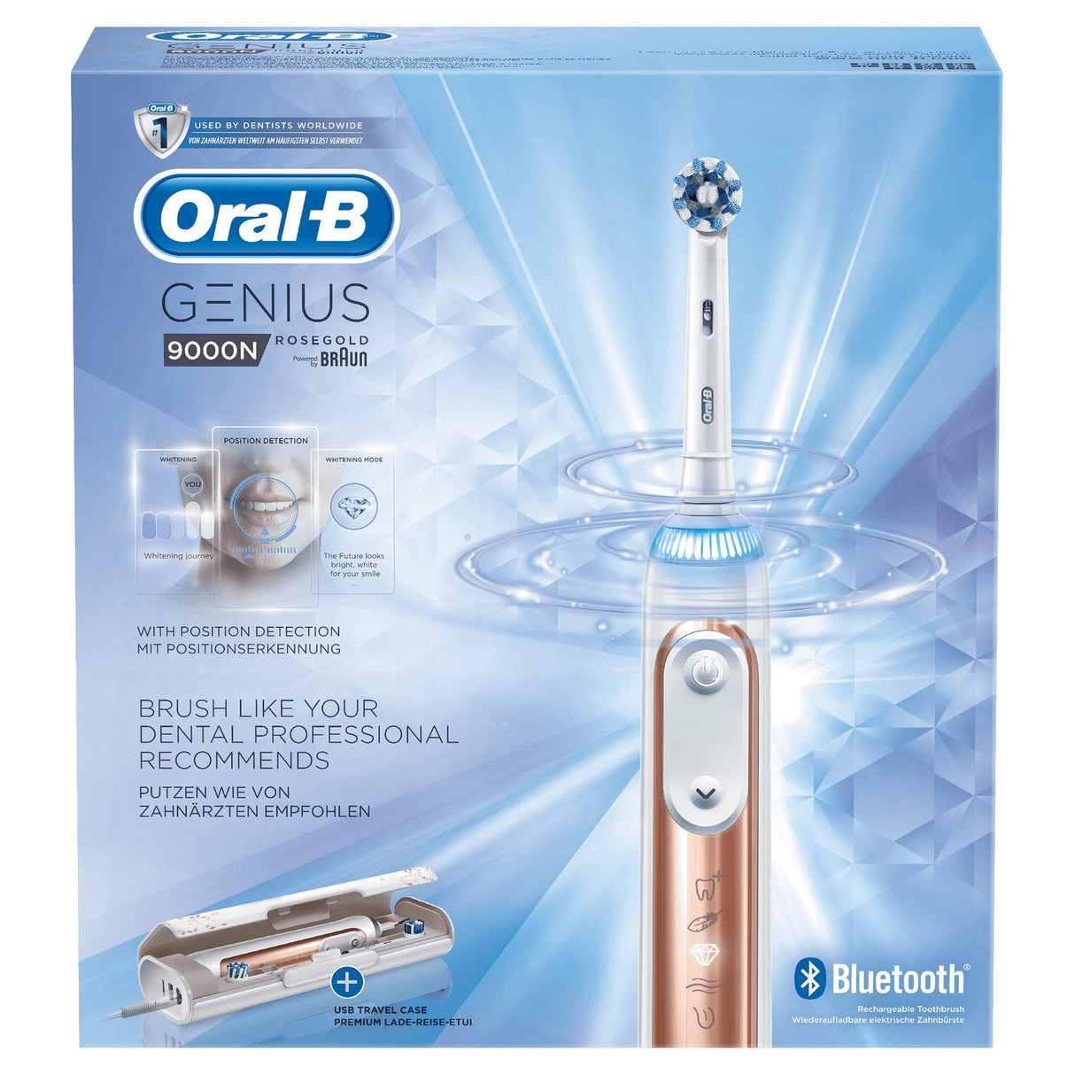 Oral-B Genius 9000 - Cepillo de dientes eléctrico, SmartRing, 6 modos, Bluetooth, 4 cabezales, estuche con USB, color oro rosa