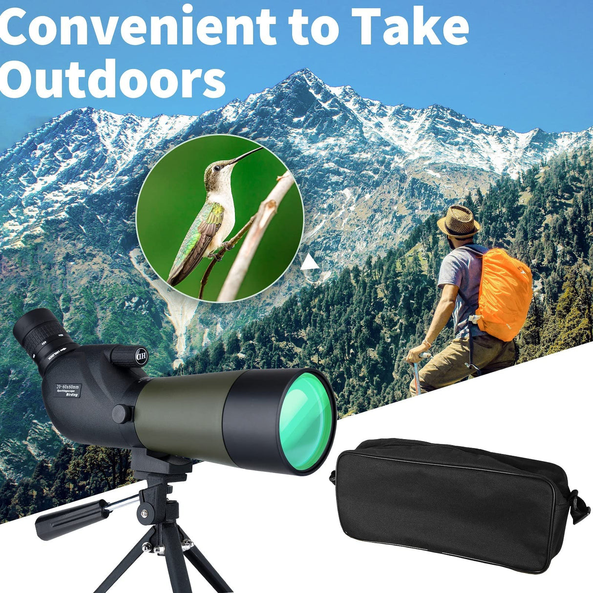 Gosky Telescopio BAK4 de 20-60 x 60 Pulgadas con trípode, Bolsa de Transporte y Adaptador de teléfono de Alcance - Telescopio BAK4 para Tiro al Objetivo, Caza, observación de Aves, paisajes de Vida