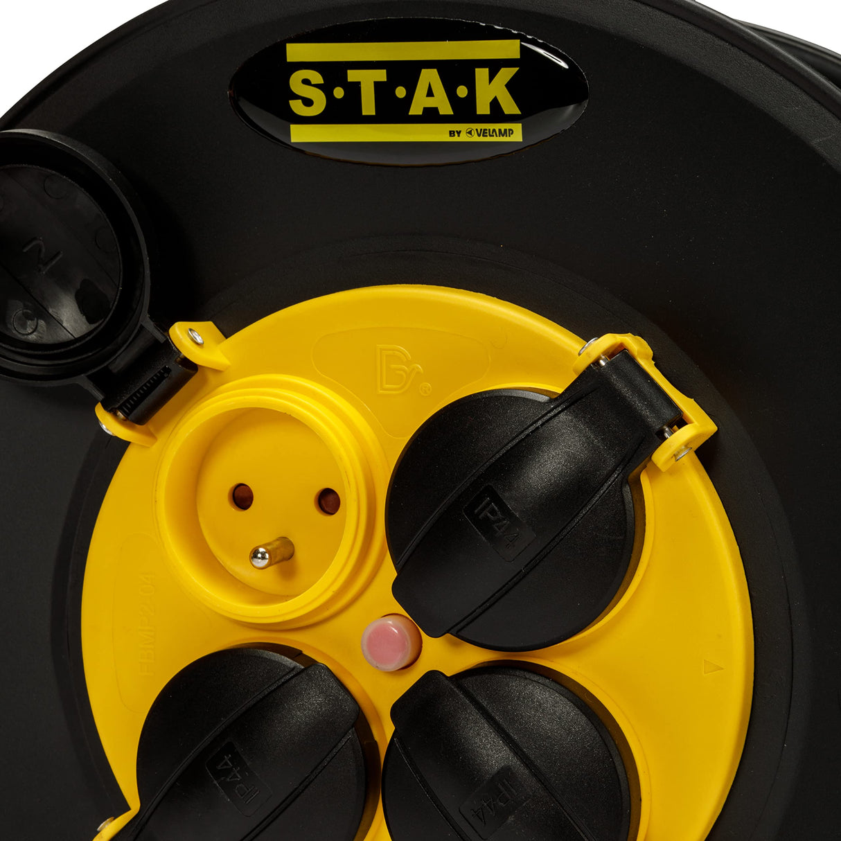 Stak REELART-FR-25 - Enrollador eléctrico profesional, resistente al agua IP44 cable 25 m de goma 3G2,5 mm2 para obras, bricolaje, jardín, 4 enchufes, chasis de acero, color negro