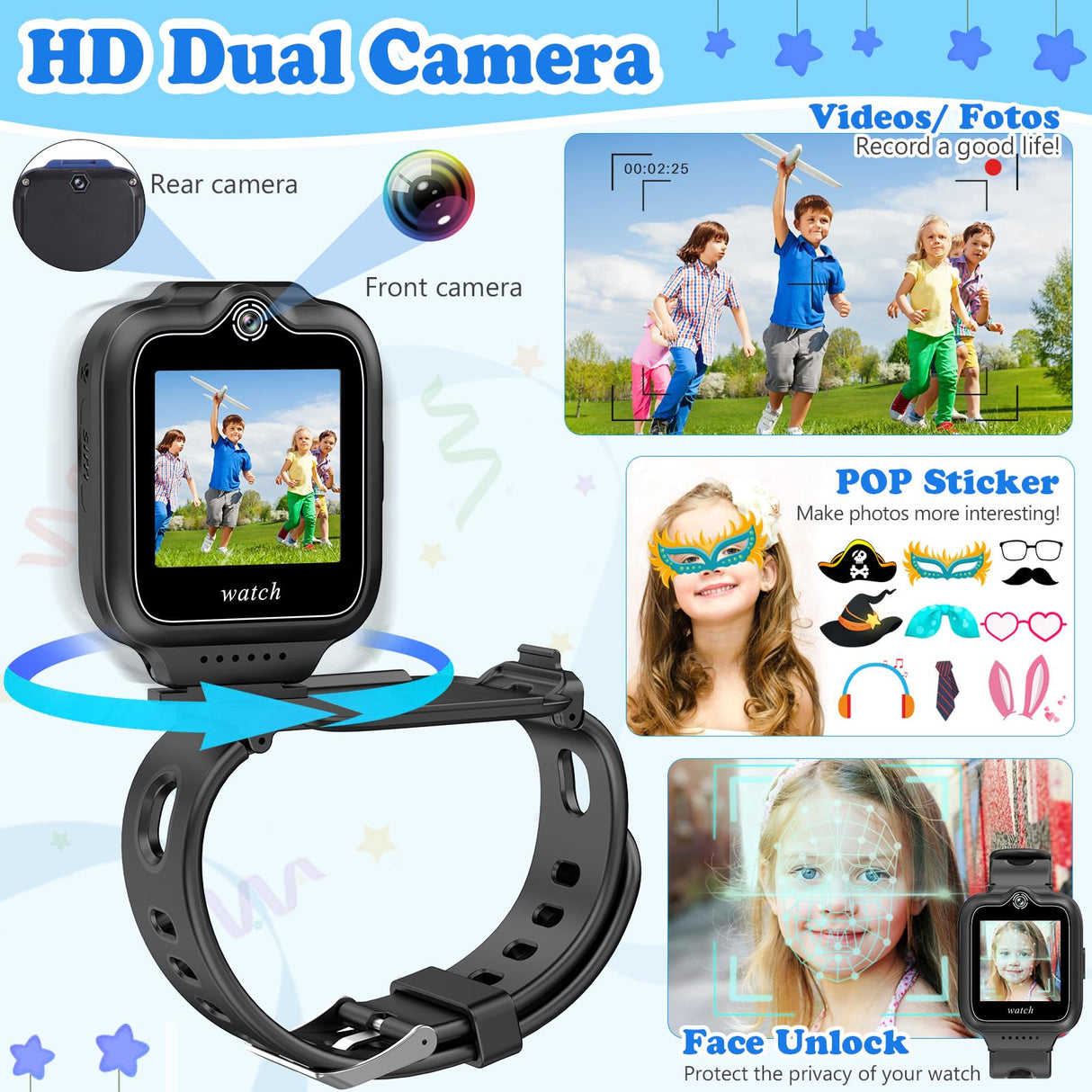 ele ELEOPTION 4G GPS Reloj Inteligente Impermeable para niños y niñas, Llamada bidireccional, Chat de Voz y vídeo, cámara, SOS, Reproductor de vídeo Musical, Alarma