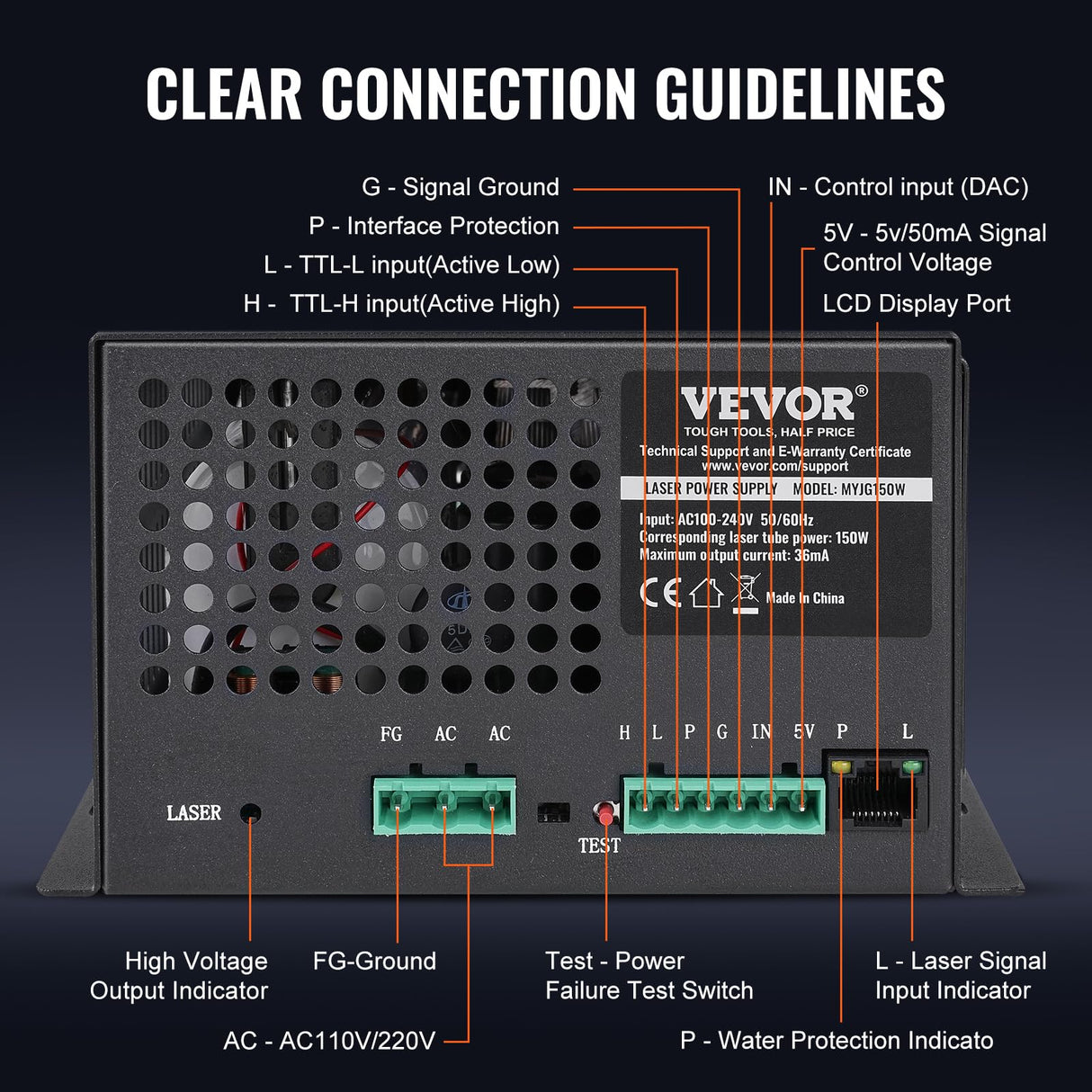 VEVOR Fuente de Alimentación Láser de CO2 para Tubo Láser de 150 W, Protección de Corriente Constante y Circuito Abierto, Disipación Rápida del Calor, Compatible con Grabadores y Cortadores Láser