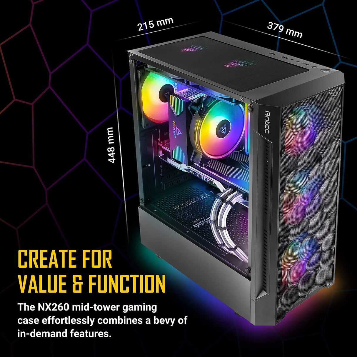 ANTEC Caja Gaming Nx260 ATX 2 X usb2.0 1 X us3.0 Sin Fuente, Negro, Argb