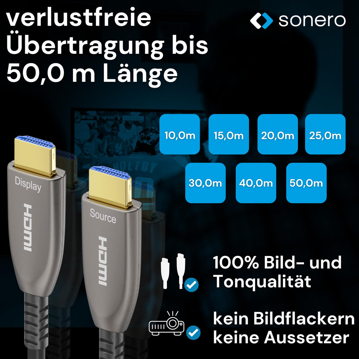 Sonero® Cable 8K-HDMI 2.1, Cable híbrido de Fibra óptica, resolución hasta 8K 60 Hz (7680 x 4320) / 4K 120Hz (3840 × 2160), Soporte HDCP 2.2, Antracita, 40 Metros