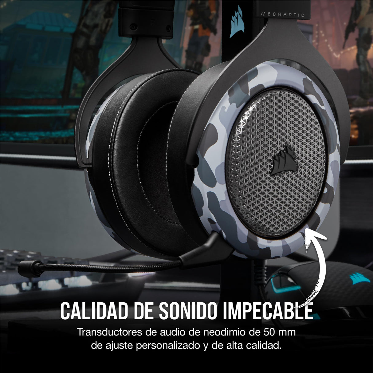 Corsair HS60 HAPTIC Auriculares Estéreo para Juegos con Efectos Hápticos en Los Bajos (Taction Technology, Almohadillas de Lujosa Espuma Viscoelástica, Micrófono Extraíble) Camo