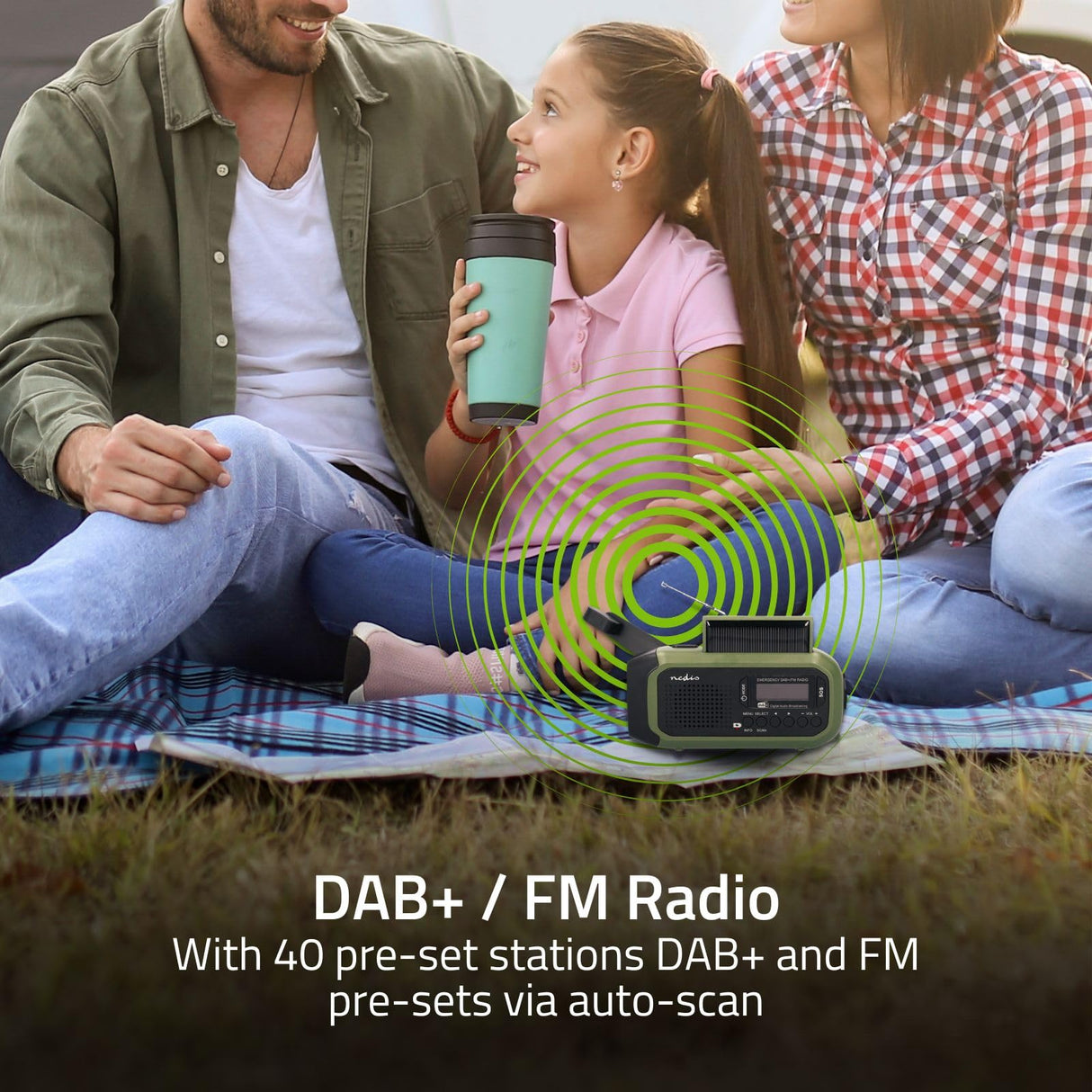 Radio de Emergencia – Versión portátil – Dab+ / FM – Funciona con Pilas/manivela/energía Solar/alimentación Mediante USB – Despertador – Verde/Negro