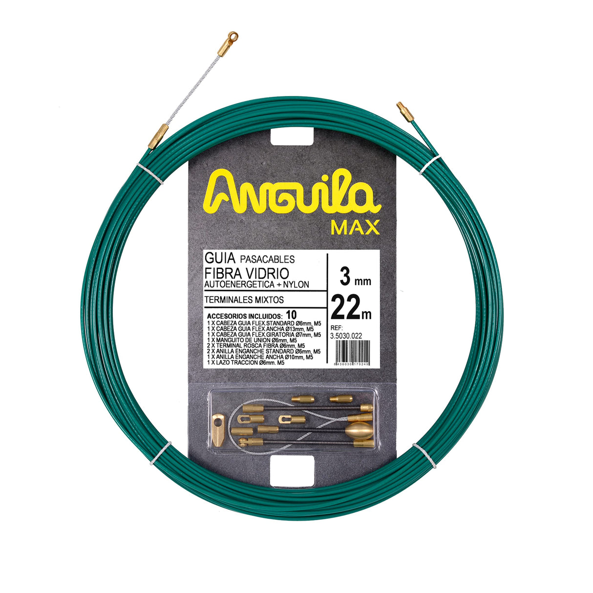 Anguila Max| Guía Pasacables| Fibra de Vidrio Reforzada| Nylon| Terminales Mixtos| Color Verde| Diámetro 3mm| 22 metros